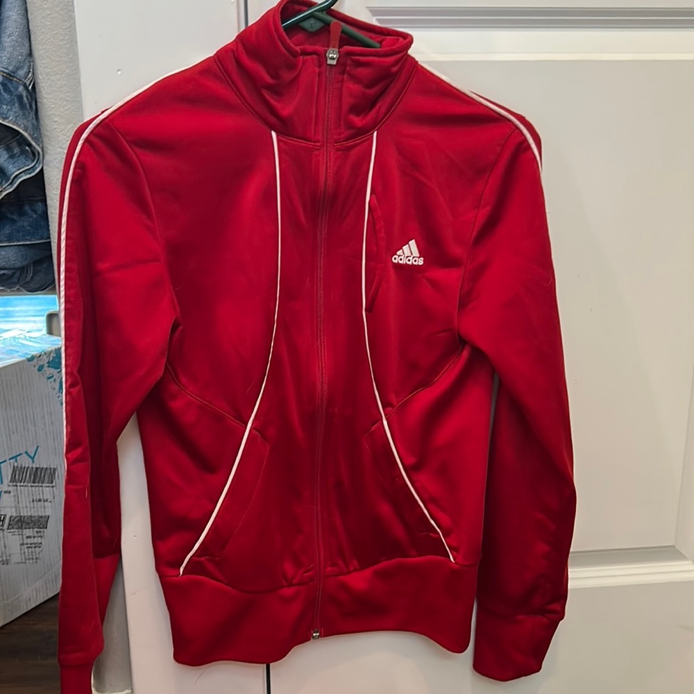 Red and white addidas zip up